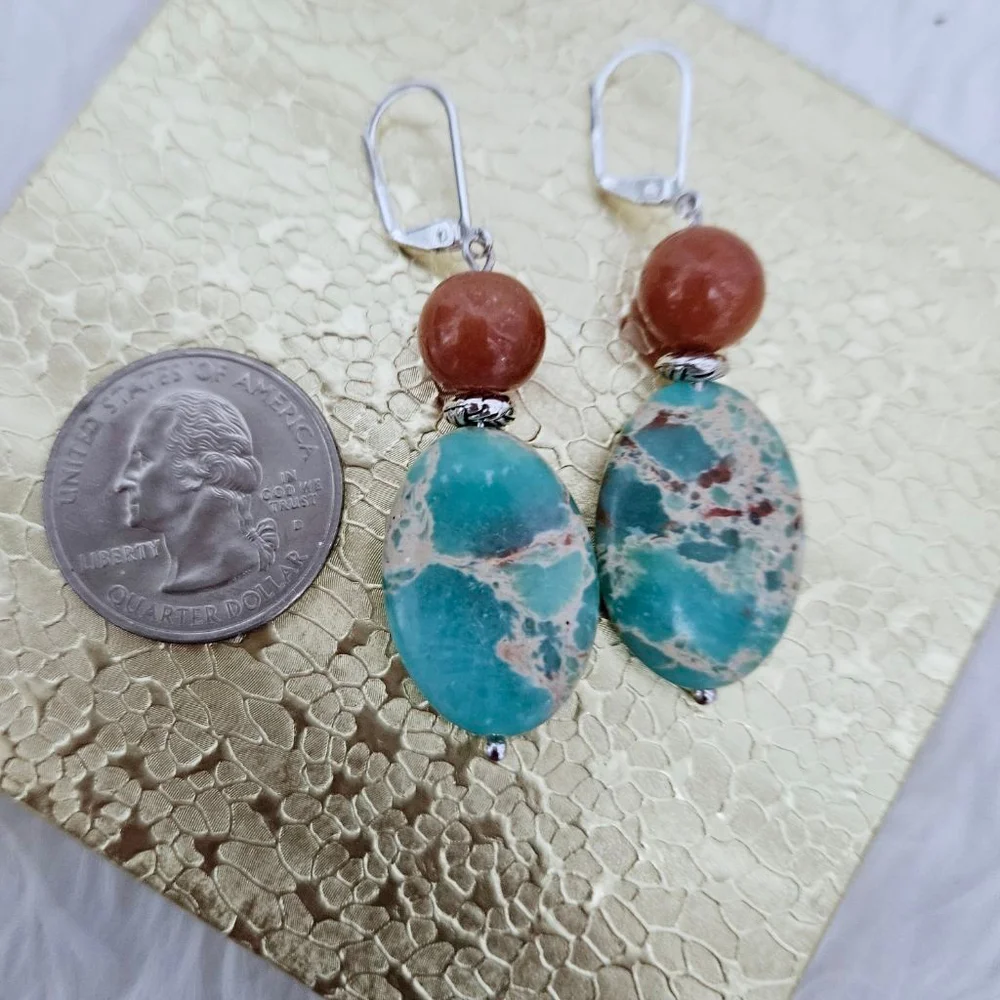Faux Turquoise Agate Dangle Handmade Earrings - Picture 3 of 3